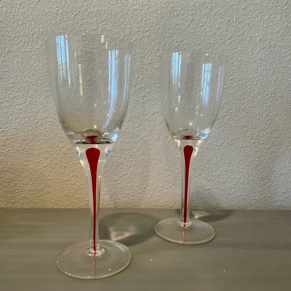 Orrefors inspired red stemmed set of 2 wine glasses.